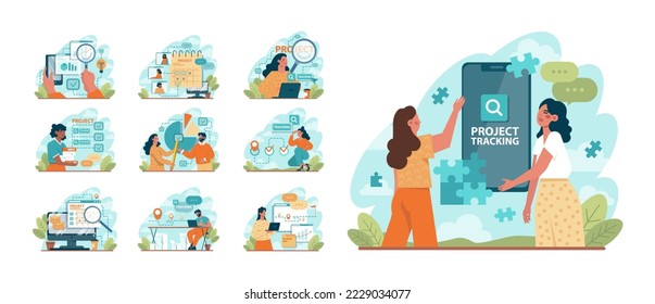 Project tracking concept set. Successful business project planning, development and scheduling. Task completion or progression monitoring. Flat vector illustration