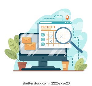 Project tracking concept. Successful business project planning, development and scheduling. Task completion or progression monitoring. Flat vector illustration