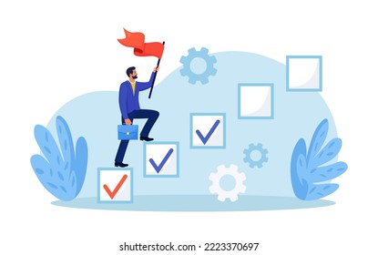 Project tracking, goal tracker. Businessman steps on checkbox in checklist to progress to target. Progression from start to success. Tasks completion to finish project. Development or improvement