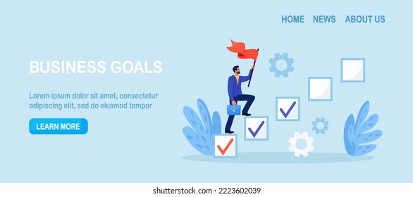 Project tracking, goal tracker. Businessman steps on checkbox in checklist to progress to target. Progression from start to success. Tasks completion to finish project. Development or improvement