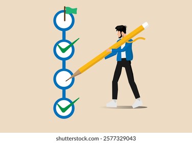 Project tracking, goal tracker, entrepreneur project manager holding a big pencil to check the completed tasks in the project management timeline, 
task completion or checklist to remind the concept o