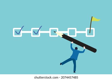 Project Tracking, Goal Tracker, Task Completion Or Checklist To Remind Project Progress Concept, Businessman Project Manager Holding Big Pencil To Check Completed Tasks In Project Management Timeline.