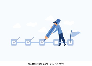 Project tracking, goal tracker, task completion or checklist to remind project progress concept, businessman project manager holding big pencil to check completed tasks in project management timeline.