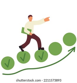 Project tracking, goal tracker, task completion or checklist to remind project progress. Person going up on steps. Development, progress. Vector stock illustration.