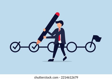 Project tracking, goal tracker, task completion or checklist to remind project progress concept, businessman project manager holding big pencil to check completed tasks in project management timeline.