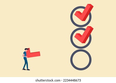 Project tracking, goal tracker, task completion or checklist to remind project progress concept, businessman project manager holding big check to completed tasks in project management time line.