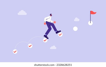 Project tracking, goal tracker, task completion or checklist to remind project progress concept, businessman running on completed checkbox to reach goal