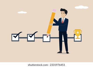 Project tracking, goal tracker, task completion or checklist to remind project progress concept, businessman project manager holding big pencil to check completed tasks in project management timeline.
