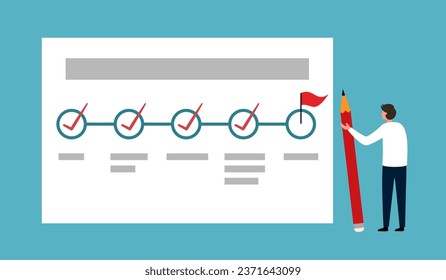 Project tracking, goal tracker, task completion or checklist to remind project progress concept. Businessman project manager holding big pencil to check completed tasks in project management timeline.