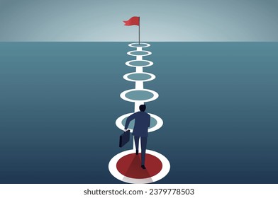 Project tracking, goal tracker, task completion or checklist to remind project progress concept, businessman running to target in project management timeline.