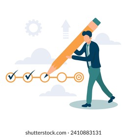 Project tracking, goal tracker, task completion or checklist to remind project progress concept, businessman project manager holding big pencil to check completed tasks in project management timeline