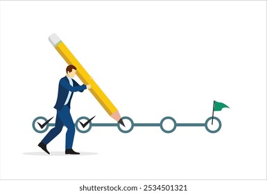 Rastreamento de projetos, rastreador de metas, conclusão de tarefas ou lista de verificação para lembrar o conceito de andamento do projeto, gerente de projeto empresário segurando grande lápis para verificar tarefas concluídas no cronograma de gerenciamento de projetos.