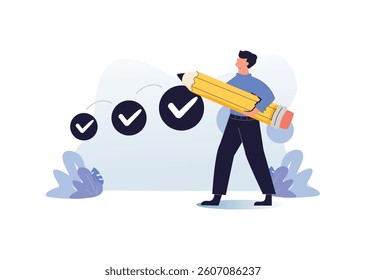 Project tracking, goal tracker, task completion or checklist to remind project progress concept, businessman project manager holding big pencil to check completed tasks in project management timeline.