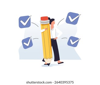 Project tracking, goal tracker, task completion or checklist to remind project progress concept, businessman project manager holding big pencil to check completed tasks in project management timeline.