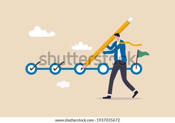 Project tracking, goal tracker, task completion\
or checklist to remind project progress concept, businessman\
project manager holding big pencil to check completed tasks in\
project management\
timeline.