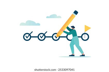 Rastreamento de projetos, rastreador de metas, conclusão de tarefas ou lista de verificação para lembrar o conceito de andamento do projeto, gerente de projeto empresário segurando grande lápis para verificar tarefas concluídas no cronograma de gerenciamento de projetos.