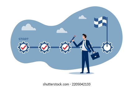 Seguimiento de proyectos, finalización de tareas o lista de comprobación para recordar el progreso del proyecto, administrador de proyectos de negocios que tiene lápiz para comprobar las tareas completadas en el calendario de administración de proyectos.