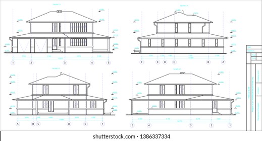 The project is a two-storey individual house. Drawing of four facades.