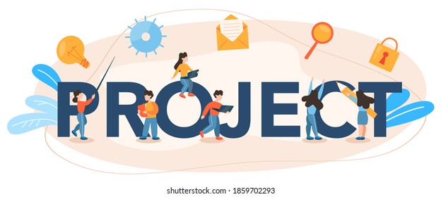 Project typographic header. Successful strategy, motivation and leadership. Marketing analysis and development. Vector illustration in cartoon style