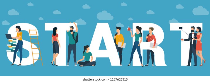 Project vector concept for web site header, greeting card and banner, presentation template. Flat design people characters with white letters