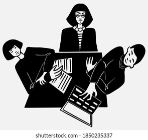 Project work. University teacher and students sitting at the desk with laptop Top view. Doodle vector illustration line style