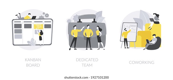 Project workflow abstract concept vector illustration set. Kanban board, dedicated team, coworking for freelancers, agile project management, scrum meeting, IT outsource abstract metaphor.