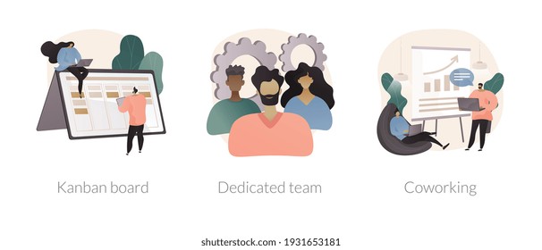 Project workflow abstract concept vector illustration set. Kanban board, dedicated team, coworking for freelancers, agile project management, scrum meeting, IT outsource abstract metaphor.