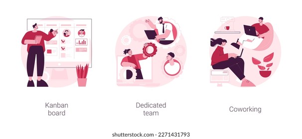 Project workflow abstract concept vector illustration set. Kanban board, dedicated team, coworking for freelancers, agile project management, scrum meeting, IT outsource abstract metaphor.