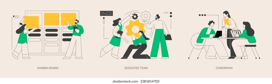 Project workflow abstract concept vector illustration set. Kanban board, dedicated team, coworking for freelancers, agile project management, scrum meeting, IT outsource abstract metaphor.