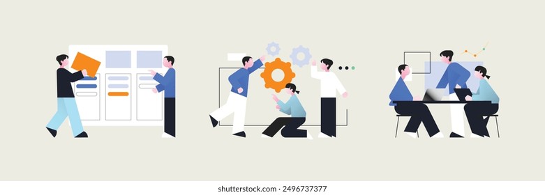 Project workflow abstract concept vector illustration set. dedicated team, coworking for freelancers, agile project management, meeting, IT outsource abstract metaphor.