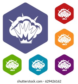 Projectile explosion icons set hexagon isolated vector illustration