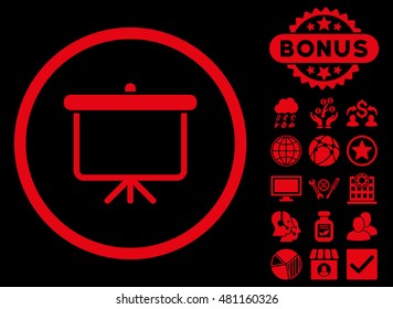 Projection Board icon with bonus. Vector illustration style is flat iconic symbols, red color, black background.