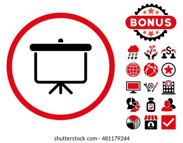 Projection Board icon with bonus. Vector illustration style is flat iconic bicolor symbols, intensive red and black colors, white background.
