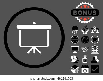 Projection Board icon with bonus. Vector illustration style is flat iconic bicolor symbols, black and white colors, gray background.