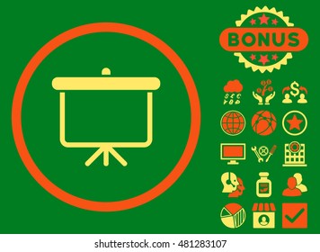 Projection Board icon with bonus. Vector illustration style is flat iconic bicolor symbols, orange and yellow colors, green background.