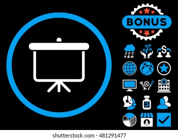 Projection Board icon with bonus. Vector illustration style is flat iconic bicolor symbols, blue and white colors, black background.