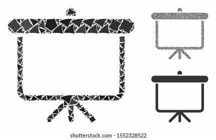 Projection board mosaic of unequal items in variable sizes and color hues, based on projection board icon. Vector unequal items are grouped into composition.