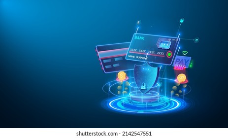 Projection of a credit card, on background of a billboard, money and payment. Target page for protection of online payments, online purchases using bank card. Concept of electronic security financing.