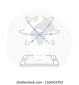 The projection of the earth above the screen of a mobile phone. Internet, connection, visualization of global data via smartphone, molecular. Line isolated cartoon doodle illustration on white.
