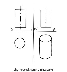 Projection plane of cylinder - front, top, left side and pictorial view. Mechanical drawing. Geometrical 3D object for technical documentation, schoolbooks and design. Vector illustration. EPS10