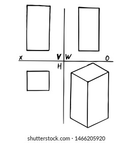 Projection plane of parallelepiped - front, top, left side and pictorial view. Mechanical drawing. Geometrical 3D object for technical documentation, schoolbooks and design. Vector illustration. EPS10