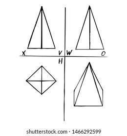 Projection plane of square pyramid - front, top, left side and pictorial view. Mechanical drawing. Geometrical 3D object for technical documentation, schoolbooks and design. Vector illustration. EPS10