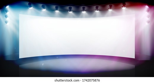 Projection screen in art gallery. Free space for advertising. Show on the stage. Abstract background. Vector illustration.