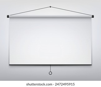 Projection screen. Empty white projection screen on wall, blank hanging presentation board, realistic whiteboard for conference and advertising project. Vector 3d mockup