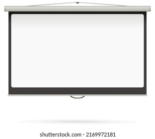 Projection screen hanging on the wall on a white background