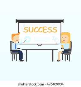 Projection screen. Modern business teachers giving lecture, training, seminar or presentation. Businessman, business coach standing in front of Projection screen. Flat Vector illustration