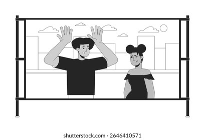 Projection screen with movie actors cinema 2D line characters. Romantic drama film. Shocked latino man and downcast black woman isolated vector ink outline people. Monochromatic spot illustration