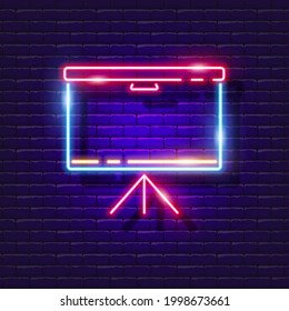 Pantalla de proyección señal de neón. Pantalla para presentaciones icono brillante. Mesa escolar, pantalla LED. El concepto de escuela, universidad, oficina, centro de negocios. Ilustración vectorial para el diseño