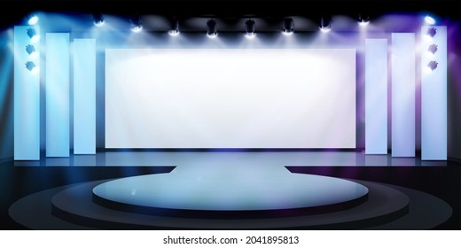 Projection screen on the stage. Free space for advertising. Exhibition in art gallery. Vector illustration.