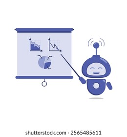 A projection screen, a presentation board with diagrams and graphs, and a presentation robot. An empty conference board. Vector illustration.